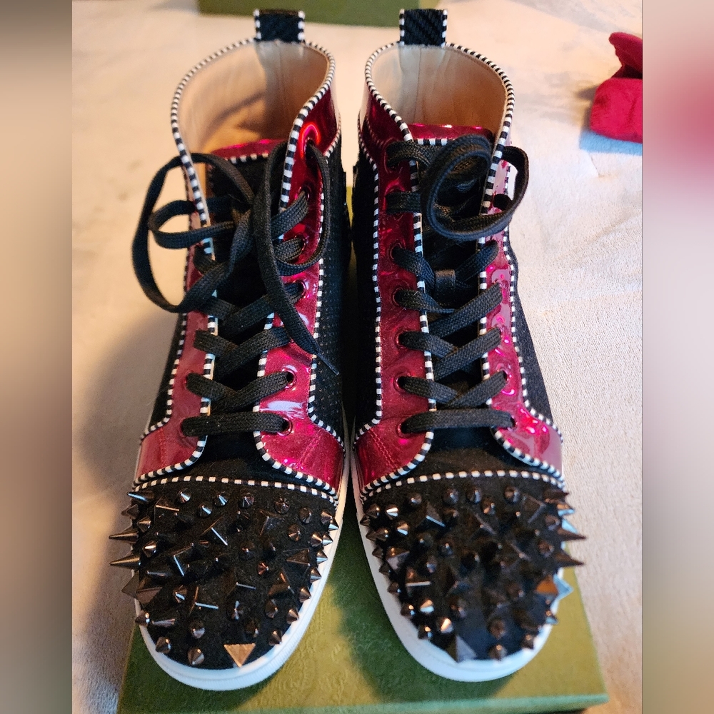 Christian Louboutin men's mid Top special edition red/black with suede w/spikes